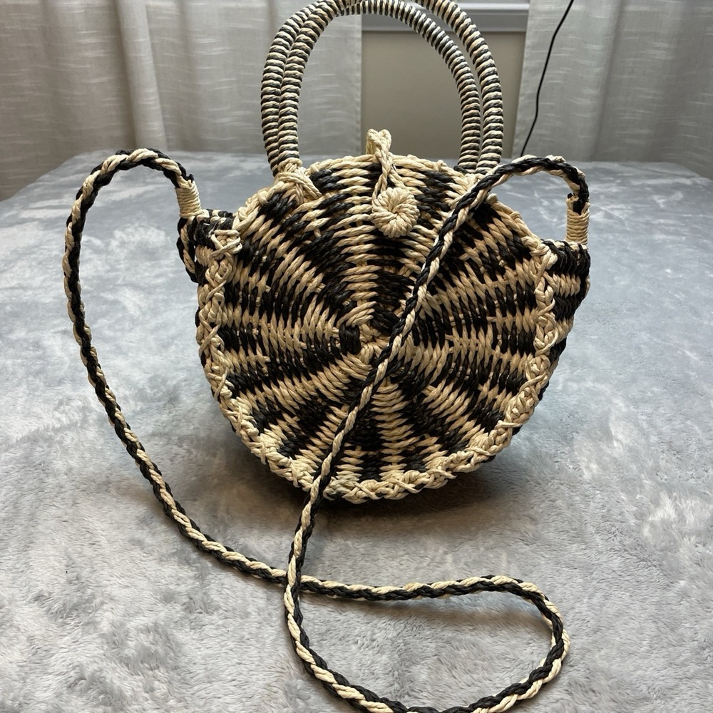 World Market Boho Festival Crossbody Purse Handbag Black Beige Paper Round